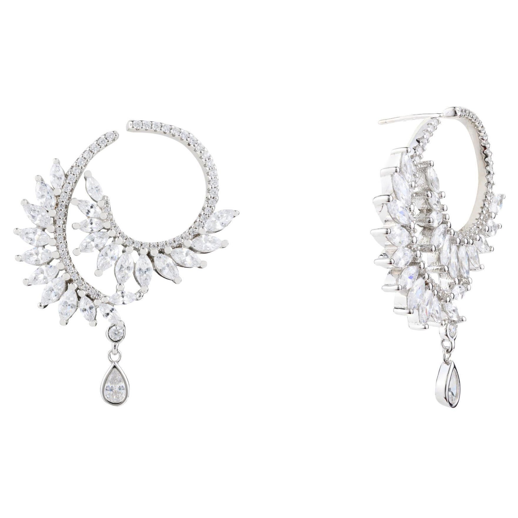 Art Deco Style Zirconia Leaf Climber Drop Stud Earrings in Silver for Mom For Sale