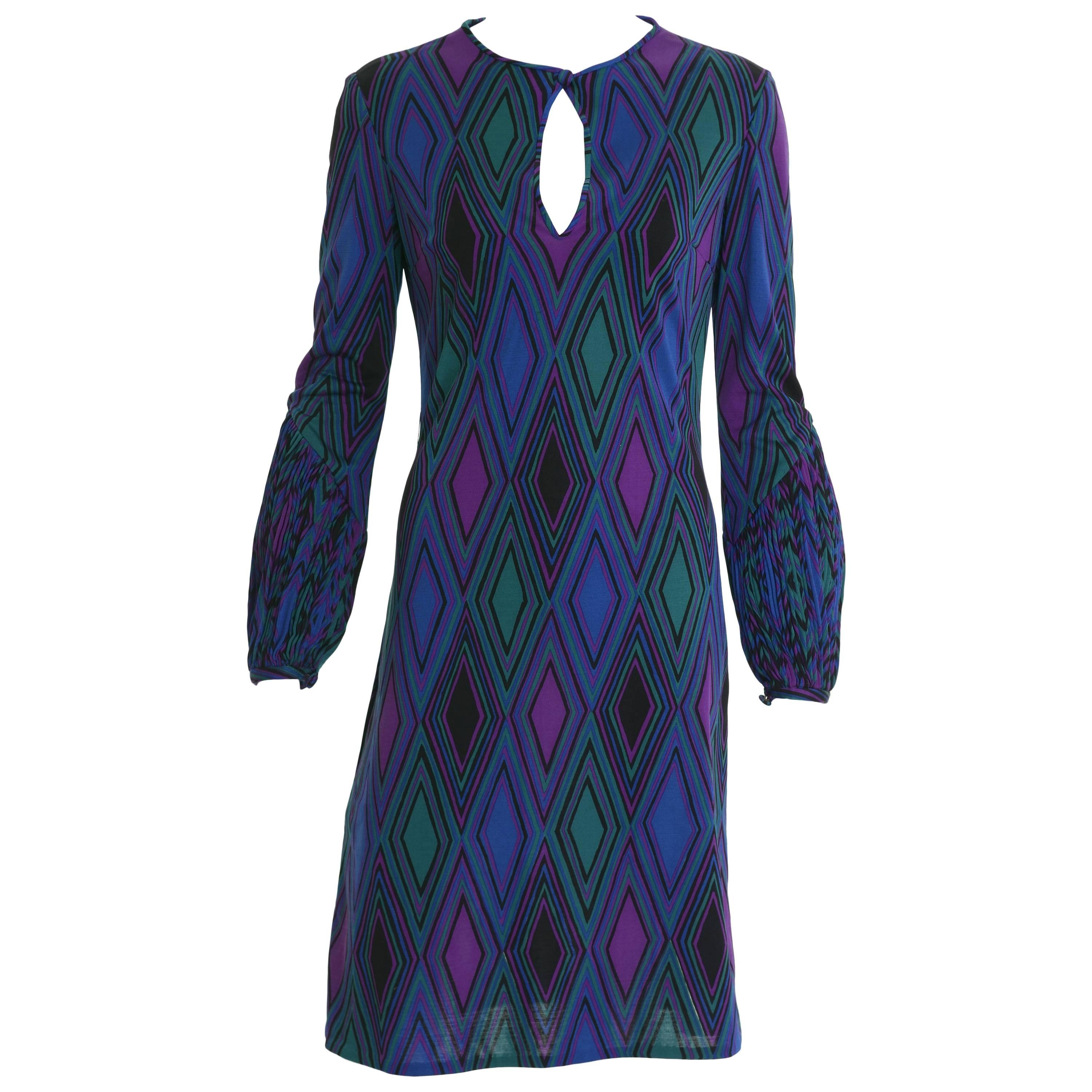 1970s KEN SCOTT Abstract Geometric Print Jersey Dress