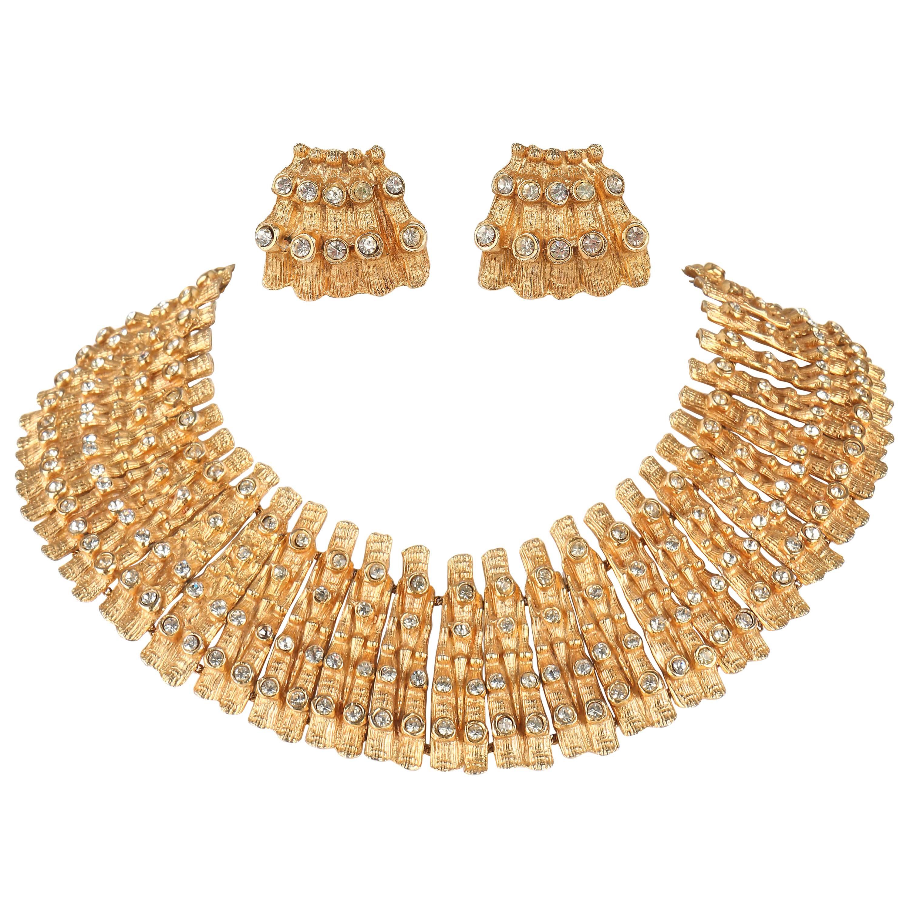 MOSELL c.1950's Egyptian Revival Gold Rhinestone Collar Necklace Earrings Set