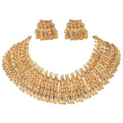 Retro MOSELL c.1950's Egyptian Revival Gold Rhinestone Collar Necklace Earrings Set