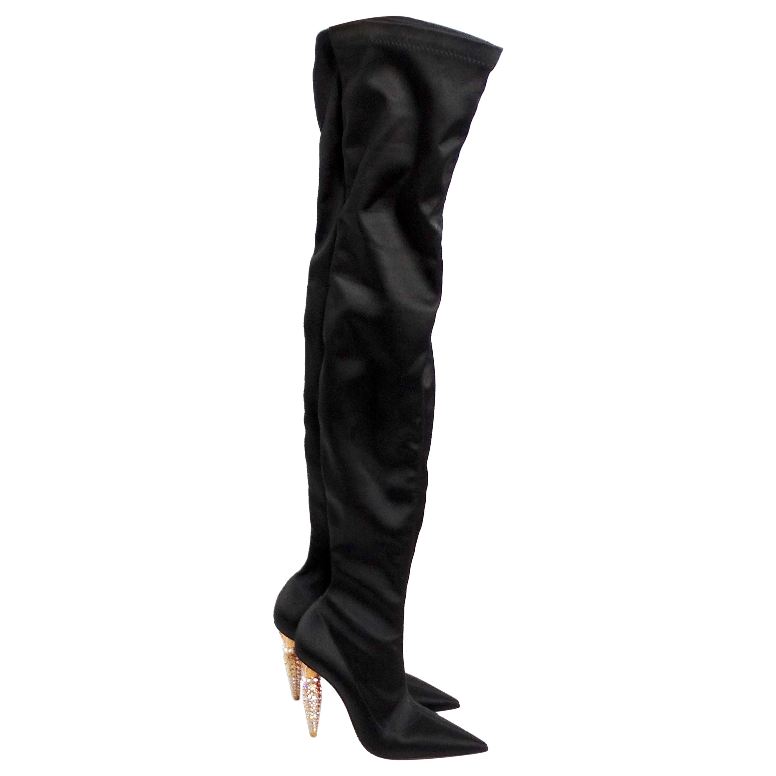 Christian Louboutin Black Silk Lipstrass Thigh-High Boots For Sale