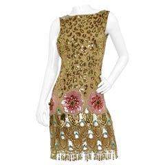 Jenny Packham Vestido sin mangas de leopardo dorado y estampado floral con lentejuelas y cuentas