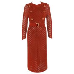 COUTURE c.1940's Burnt Orange Chevron Crochet Sailor Day Dress + Nautical Belt 4