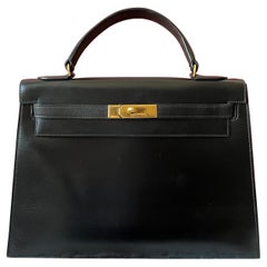 Hermes Kelly 32 Sellier Boîte noire Cuir Or HW 1987