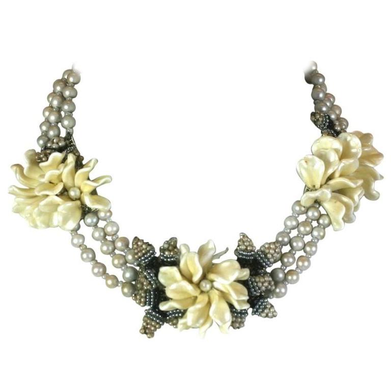 Miriam Haskell Freshwater Pearl Flower Station Necklace For Sale at 1stDibs