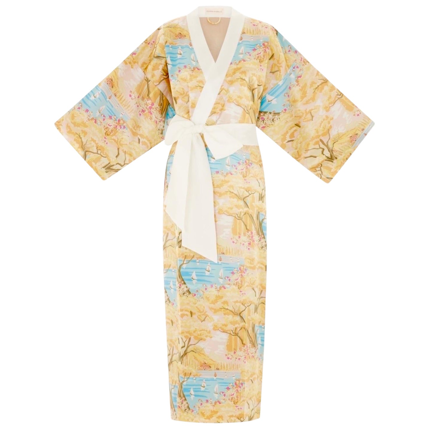 NEU Olivia von Halle Pastellfarbenes Seidenkleid mit Pastelldruck und Kimono Robe OS