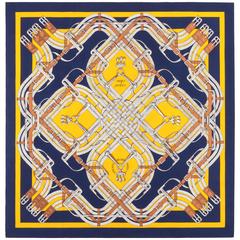 HERMES Henri d'Origny "Mors a Jouets" Navy Yellow Equestrian Print Silk Scarf 12
