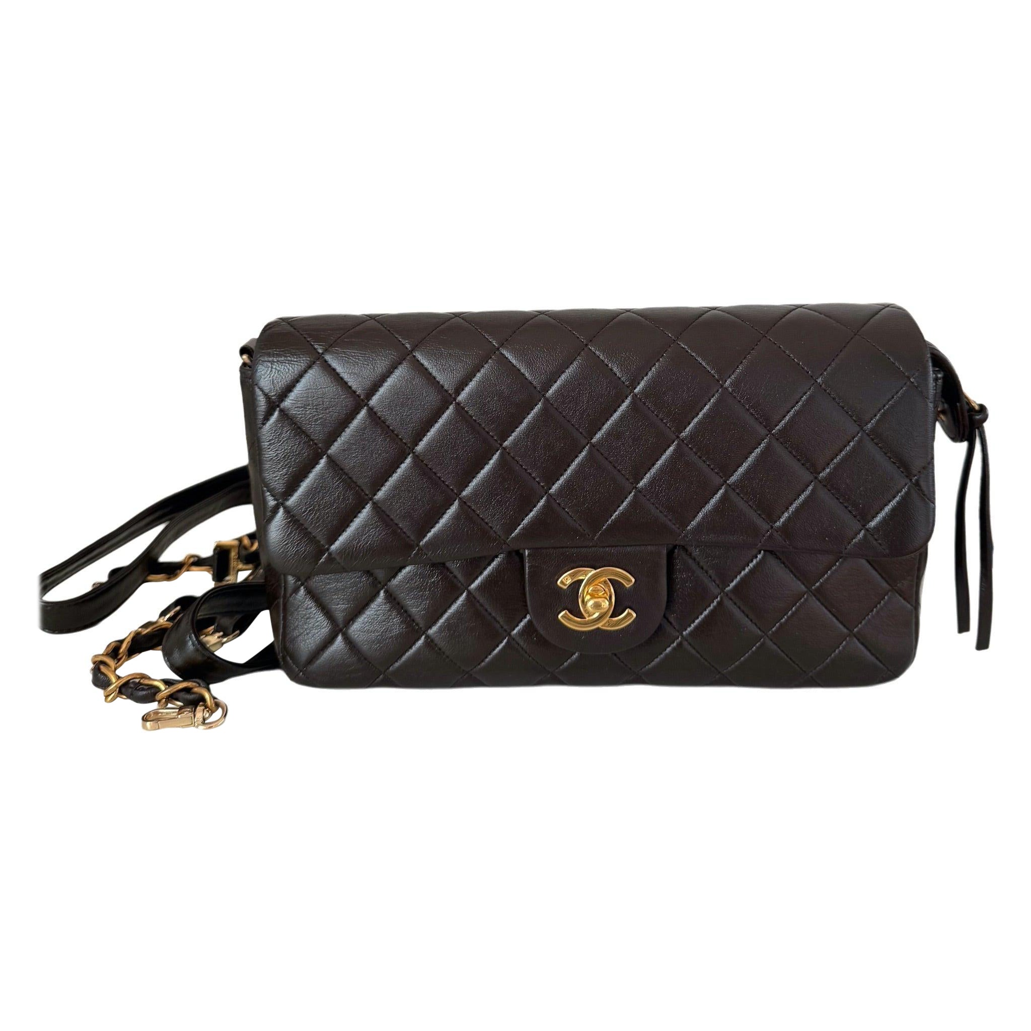 Chanel Chocolate Brown Lambskin Leather Shoulder Flap Blackpack Vintage Gold HW For Sale
