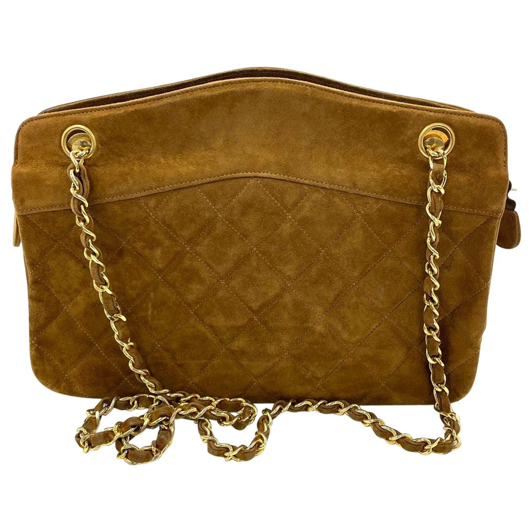 Chanel Matelasse Tan Brown Suede Gold Double Chain Coco Charm Medium Bag