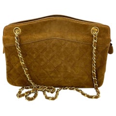 Chanel Matelasse Tan Brown Suede Gold Double Chain Coco Charm Medium Bag
