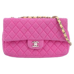 Chanel Flap Bag Medium Pink Perforated Yellow Patent Leather Strap 2009-10