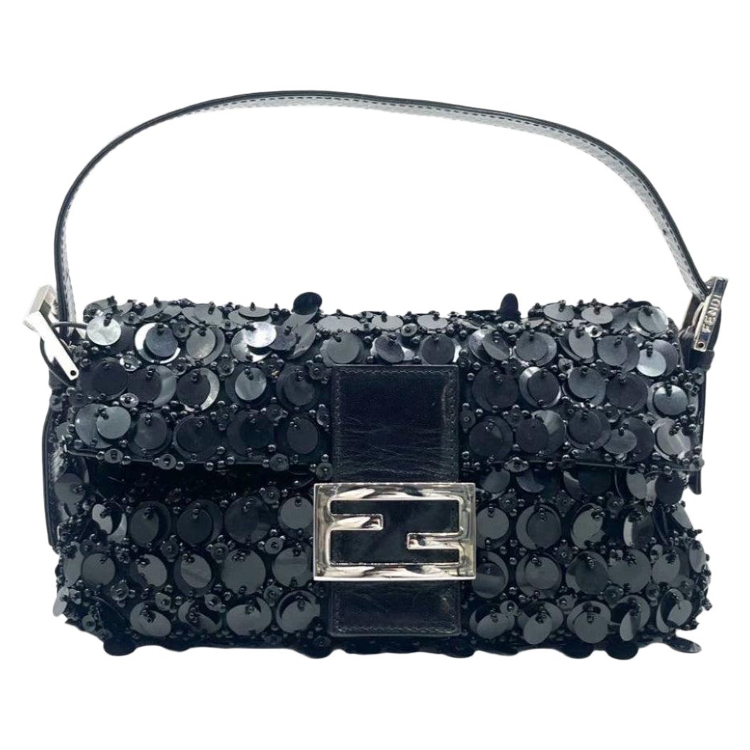Fendi Baguette Black Swan Feather-like Sequins Beaded Shoulder Bag For Sale