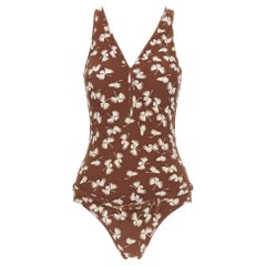 GUCCI Vintage brown cream floral print belted one piece swimsuit