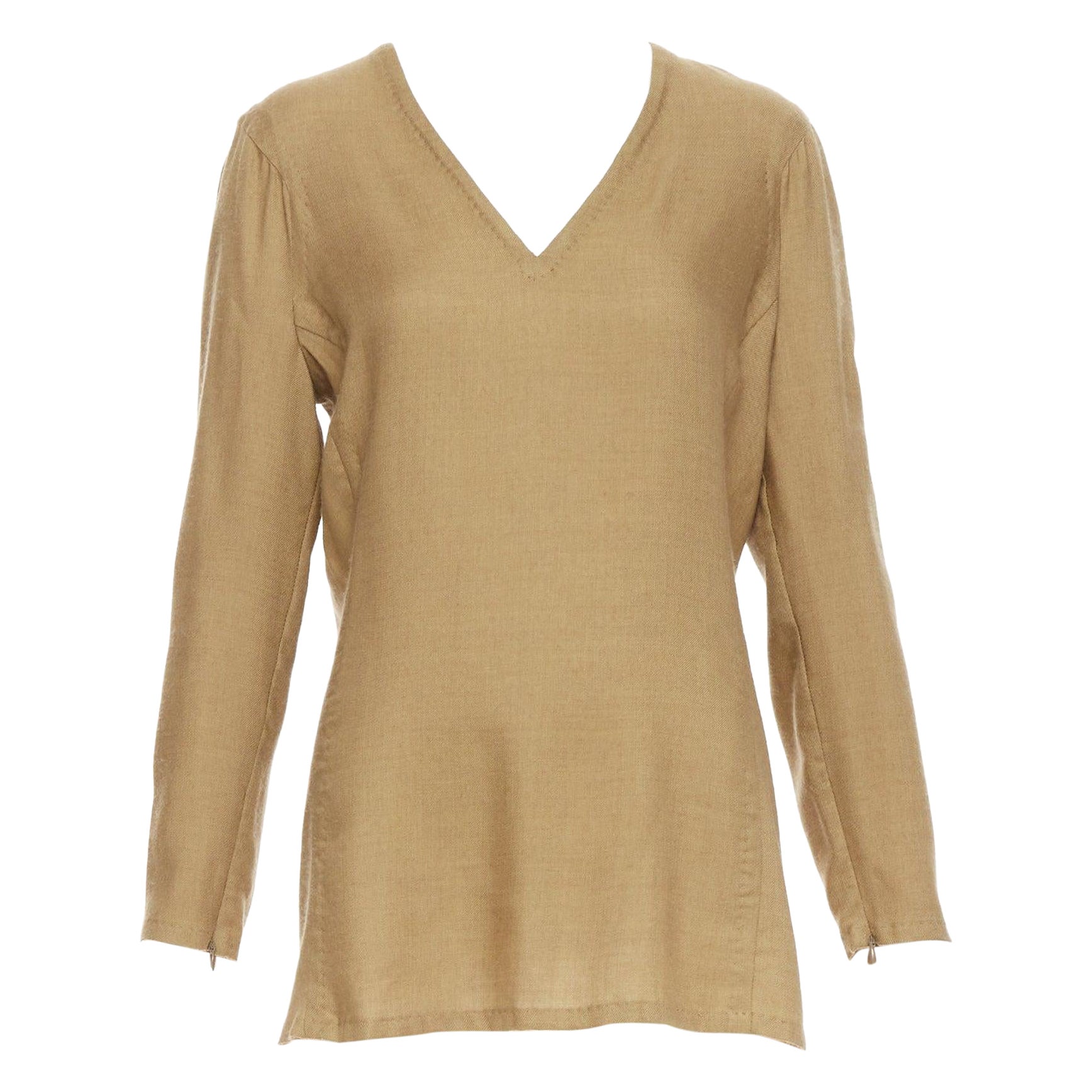 GIANFRANCO FERRE Vintage taupe cashmere silk v neck hand stitch tunic top IT42 M For Sale