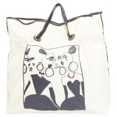 LANVIN 2008 beige coated canvas black drawstring cartoon print tote bag