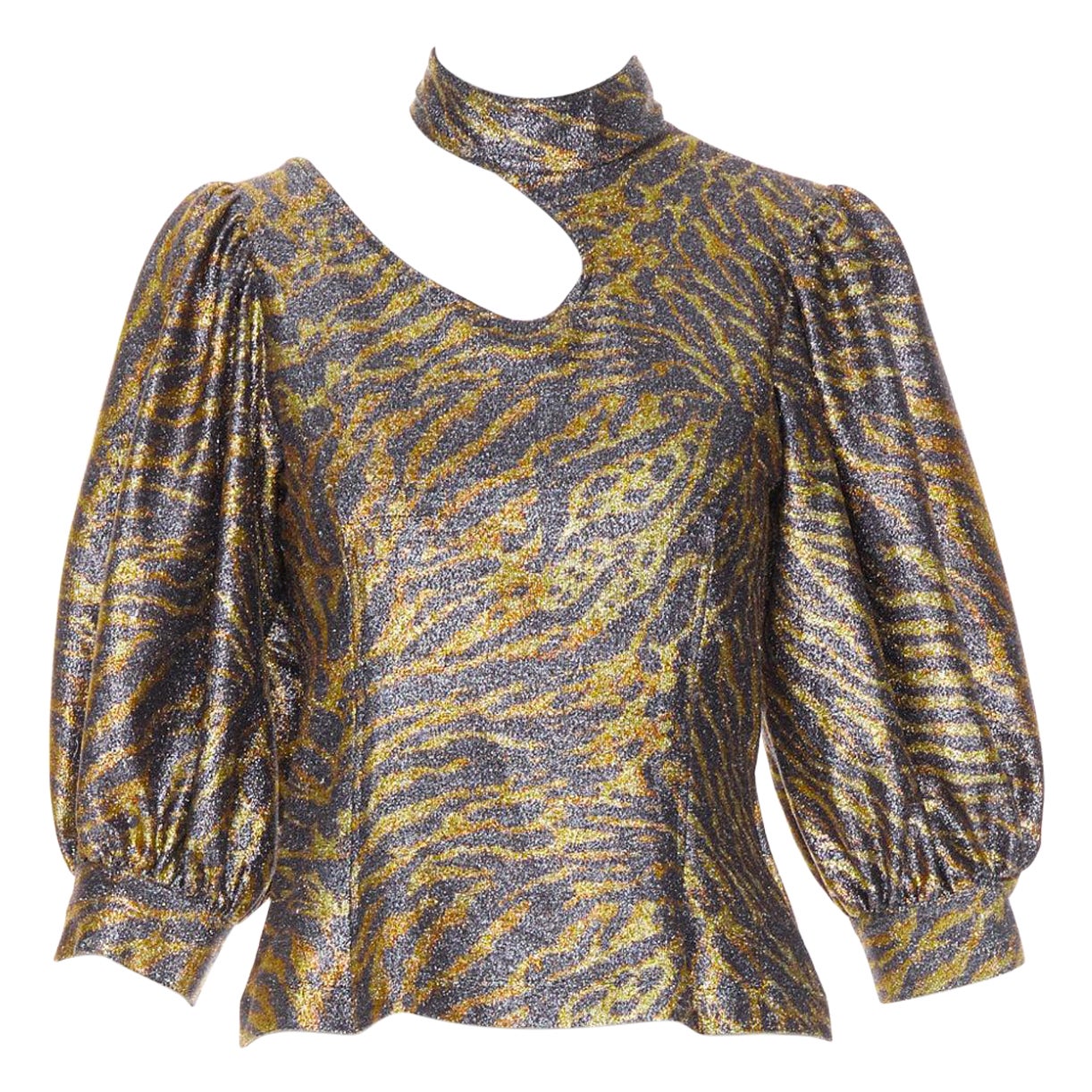 GANNI Gold Metallic Tiger Lurex Lame Puffärmel ausgeschnitten Top FR36 S im Angebot