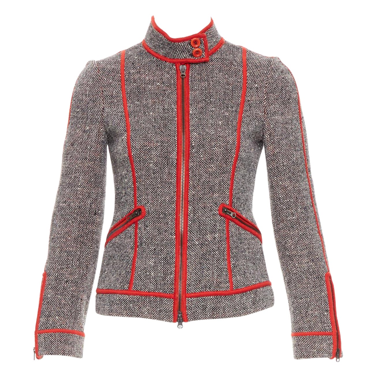 MOSCHINO CHEAP CHIC Vintage tweed de lana gris ribete rojo  chaqueta moto IT38 XS