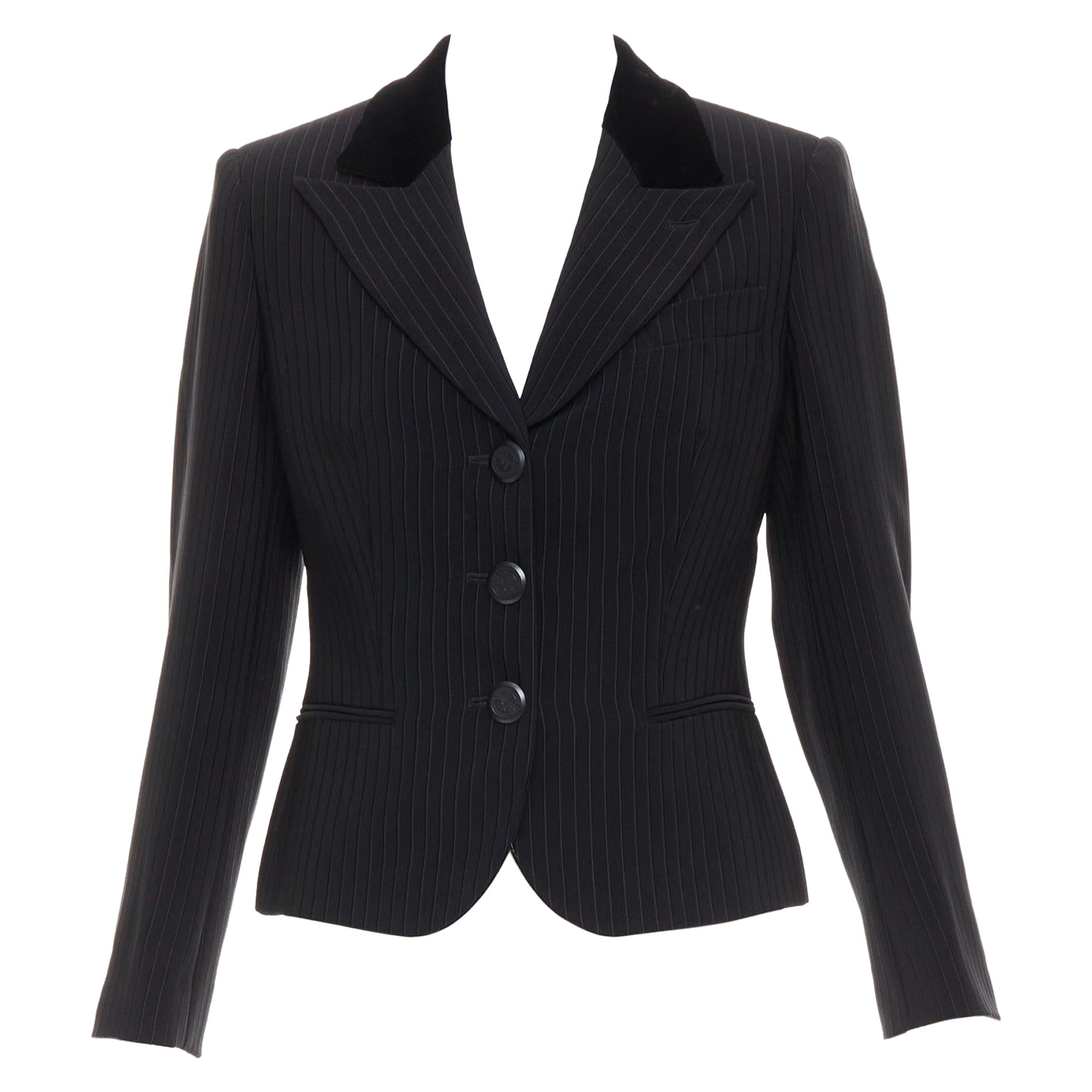 GIORGIO ARMANI black pinstripe velvet trim cropped tuxedo blazer IT40 S For Sale