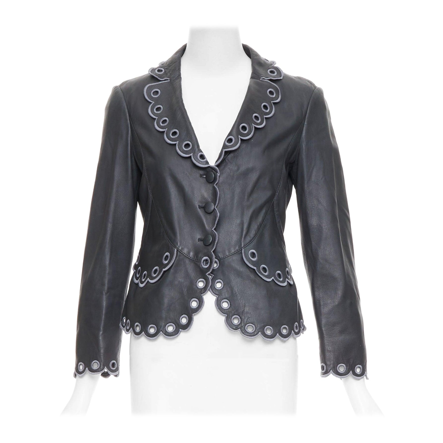EMPORIO ARMANI 2009 giacca in pelle di agnello nera con ricamo e smerlo IT40 S