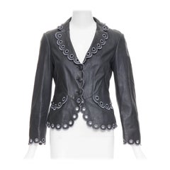 EMPORIO ARMANI 2009 - Veste crop en cuir d'agneau noir brodé avec bordures festonnées IT40 S