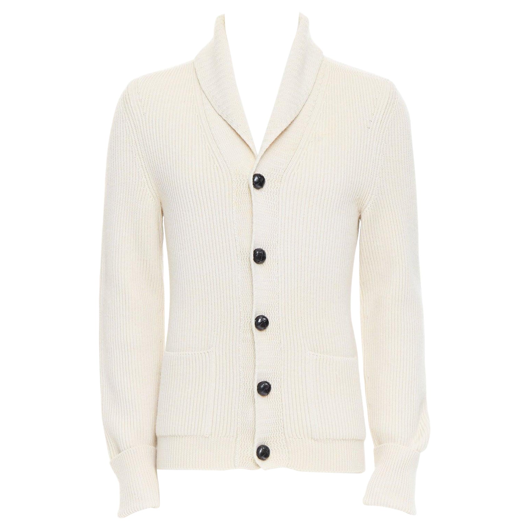 TOM FORD cream 100% wool ribbed shawl collar buttoned cardigan IT46 S