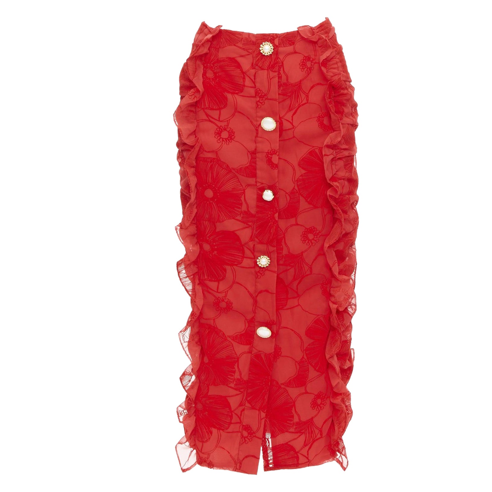 MOTHER OF PEARL LONDON falda lápiz de terciopelo rojo con volantes y botones UK6 XS
