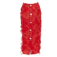 MOTHER OF PEARL LONDON red velvet sheer ruffle button pencil skirt UK6 XS