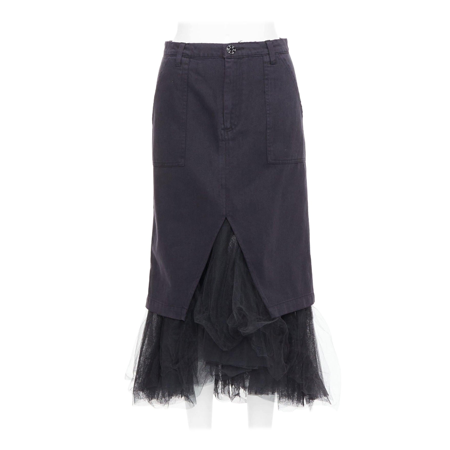 LE SUPERBE gonna midi in denim nero con orlo in tulle e bottoni di cristallo US0 XS