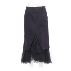 LE SUPERBE black denim tulle hem overlay crystal button midi skirt US0 XS