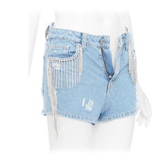 CHIARA FERRAGNI blue crystal fringe distressed denim short shorts XS