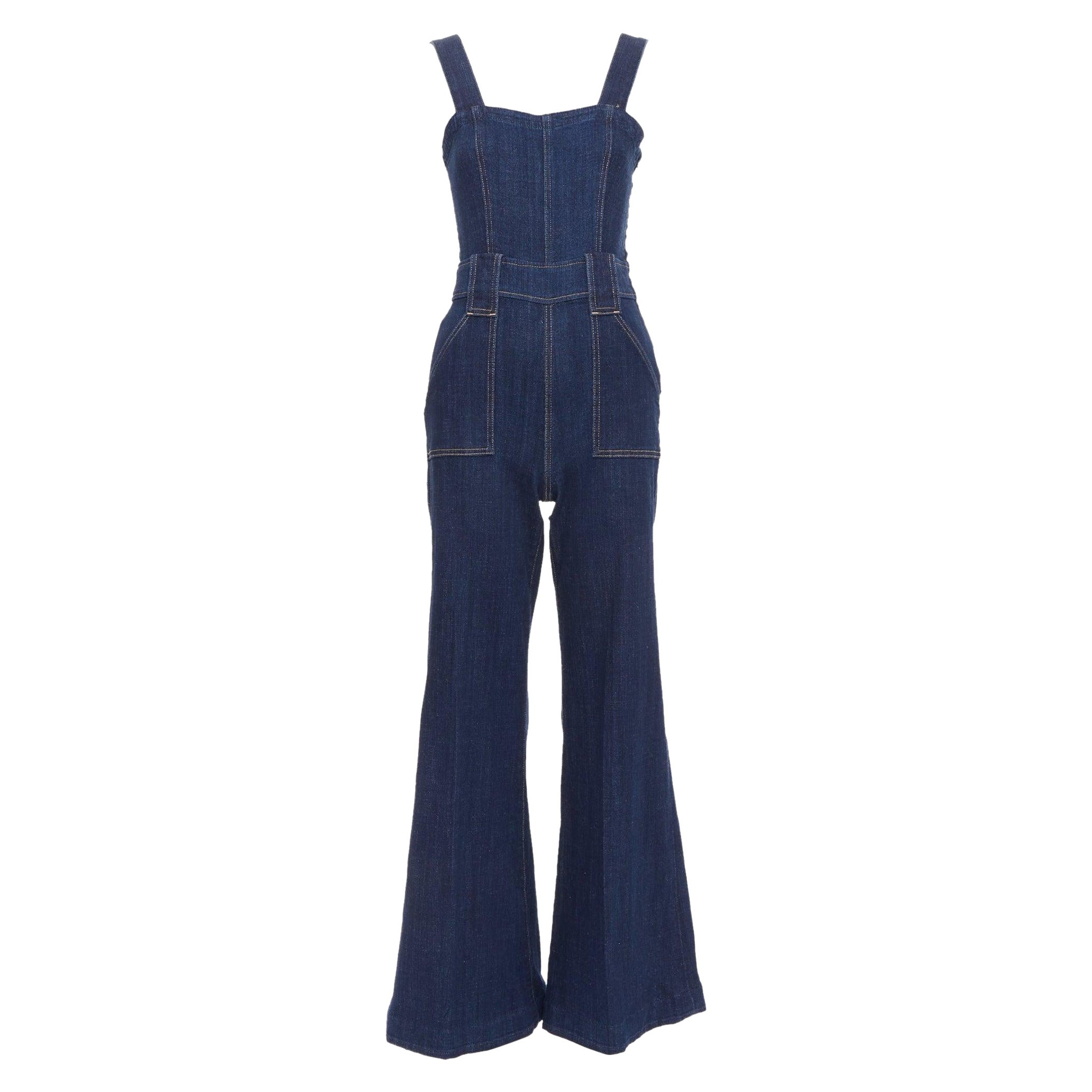 7 FOR ALL MANKIND indigo blue denim wide flare dungaree jumpsuit XS For Sale