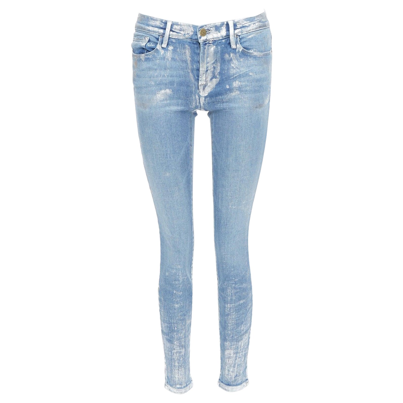 FRAME Le Skinny de Jeanne metallic silver coated blue jeans 25" For Sale