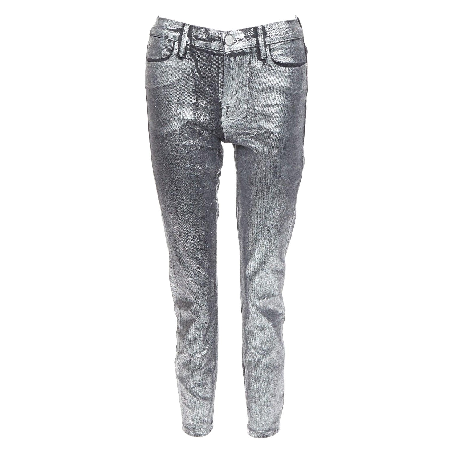 FRAME Le High Skinny Crop metallic silver coated pants 24" For Sale
