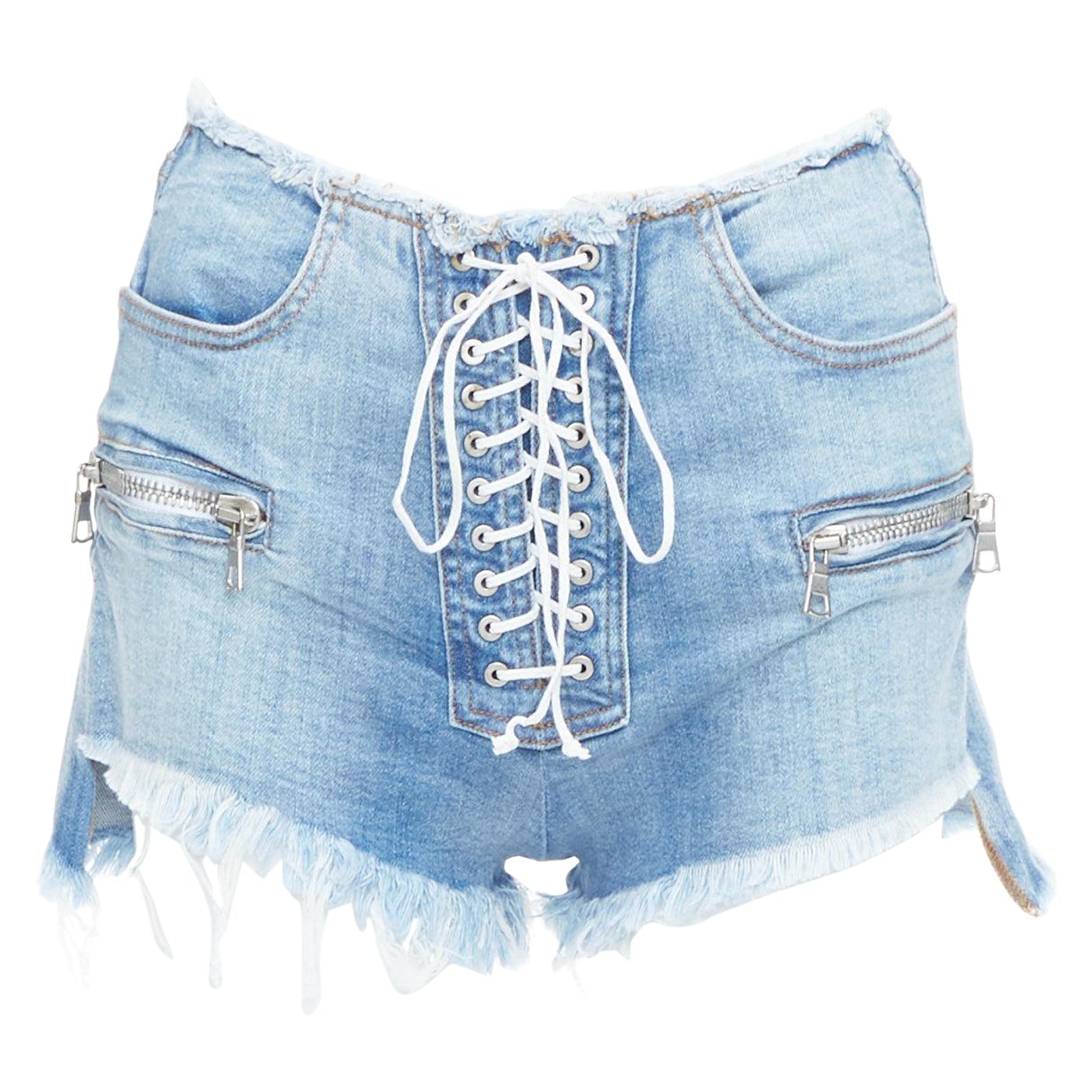 UNRAVEL PROJECT pantalón corto vaquero azul lavado blanco con cordones delante 25