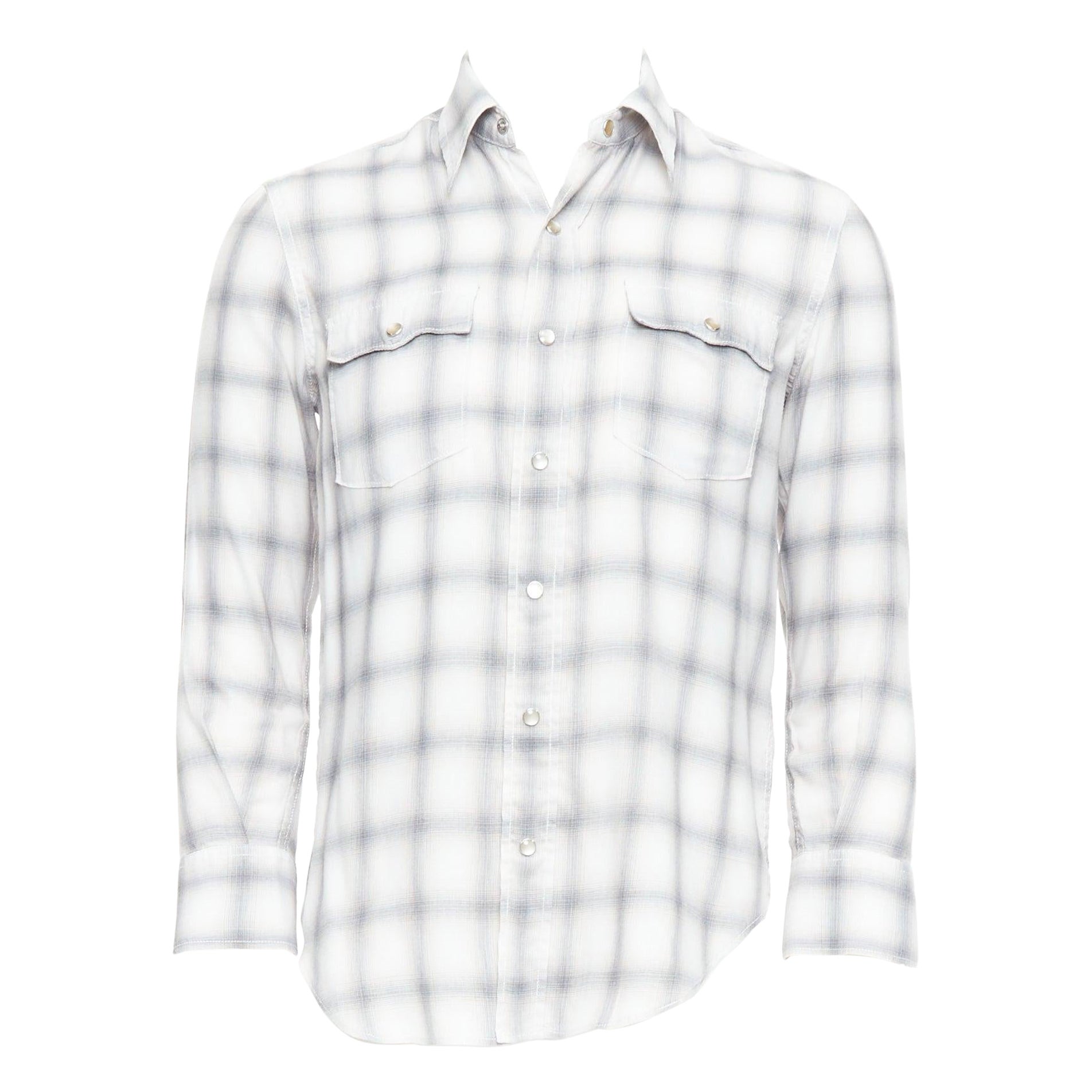 SAINT LAURENT 2016 camicia a quadri grigio crema con bottoni a pressione in resina M. in vendita