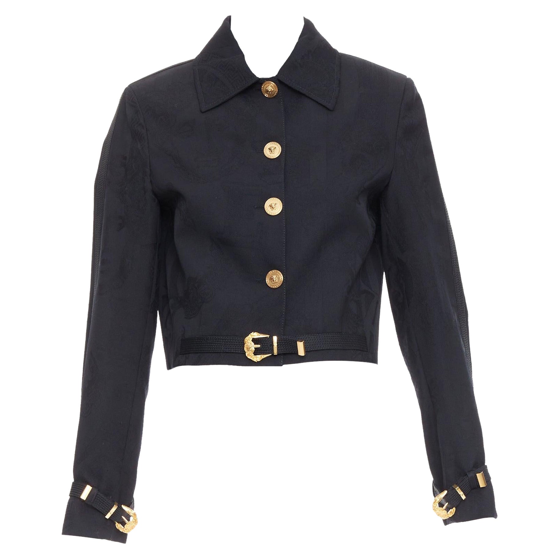 rare VERSACE black wool Medusa jacquard barocco buckle cropped jacket IT38 XS For Sale