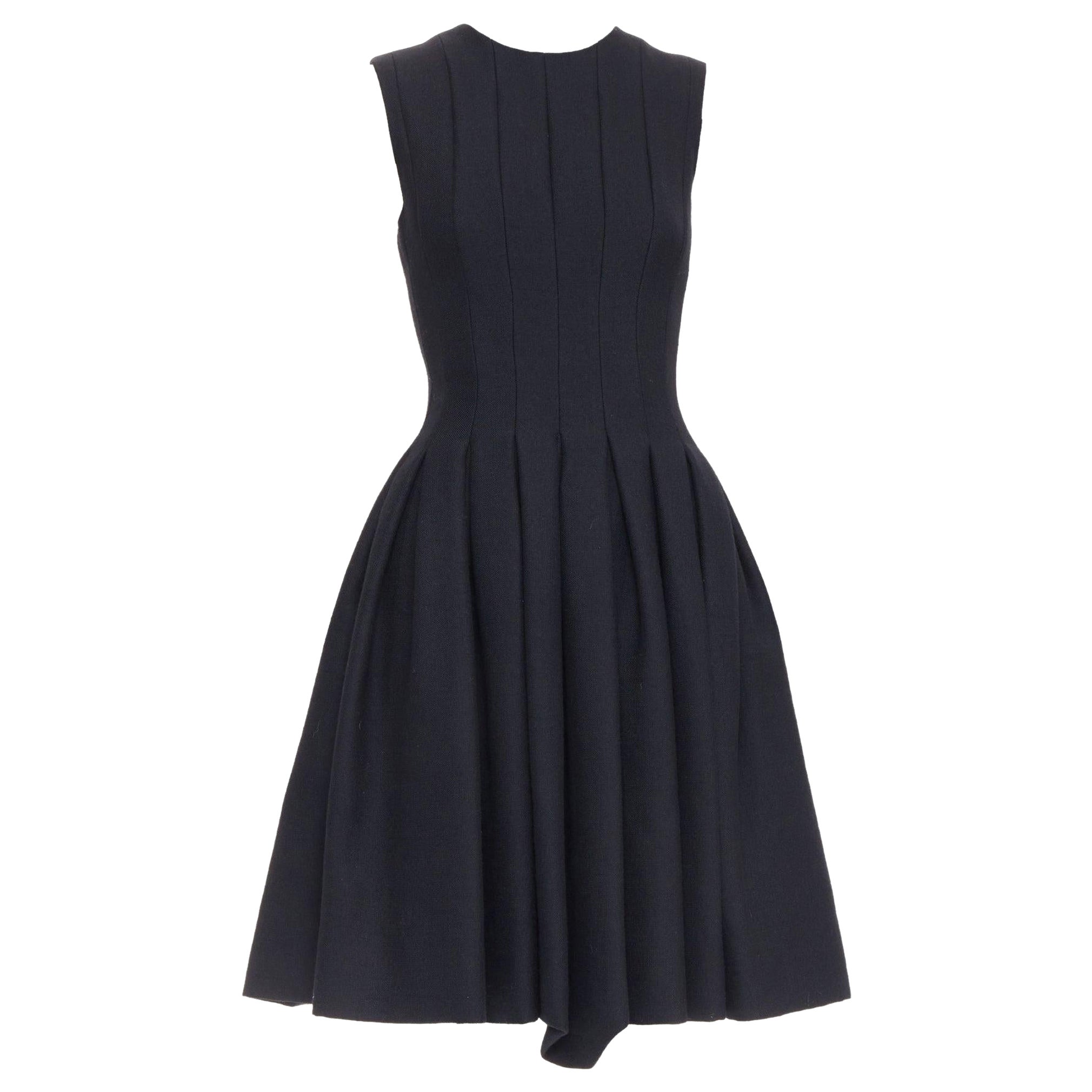 MS MIN black wool blend panelled fit flared knee dress Sz2 For Sale
