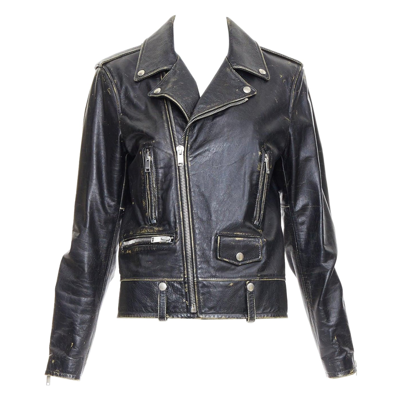 SAINT LAURENT 2015 black calfskin distressed classic biker jacket FR46 S For Sale