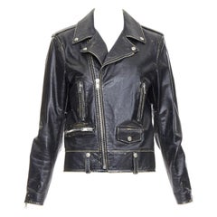 SAINT LAURENT 2015 cazadora biker clásica de piel de becerro negra envejecida FR46 S