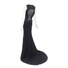 Stella McCartney 2014 abito nero a rete con frange e strascico lungo IT36 XXS