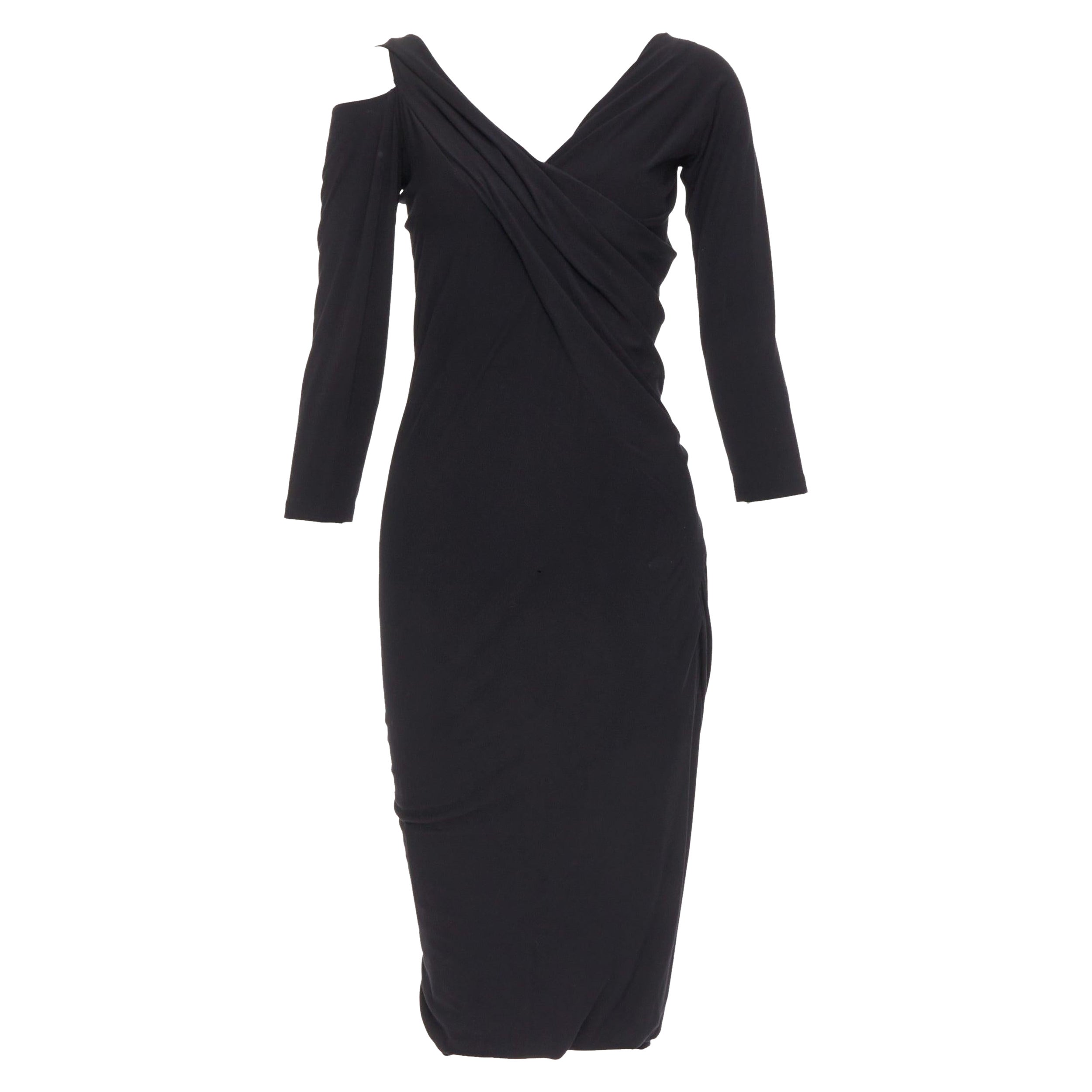 DONNA KARAN Vintage black drape front asymmetric cold shoulder dress L