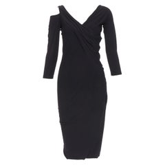 DONNA KARAN Vintage black drape front asymmetric cold shoulder dress L