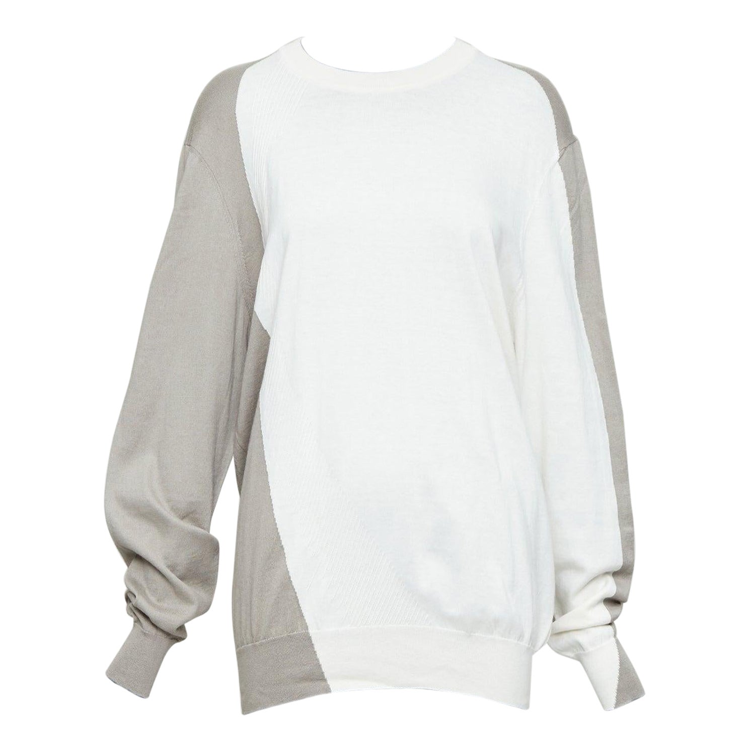 HERMES beige white cotton cashmere colorblocked crew sweater XL