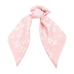 CHANEL 2022 100% silk pink white CC star print hair ribbon scrunchie