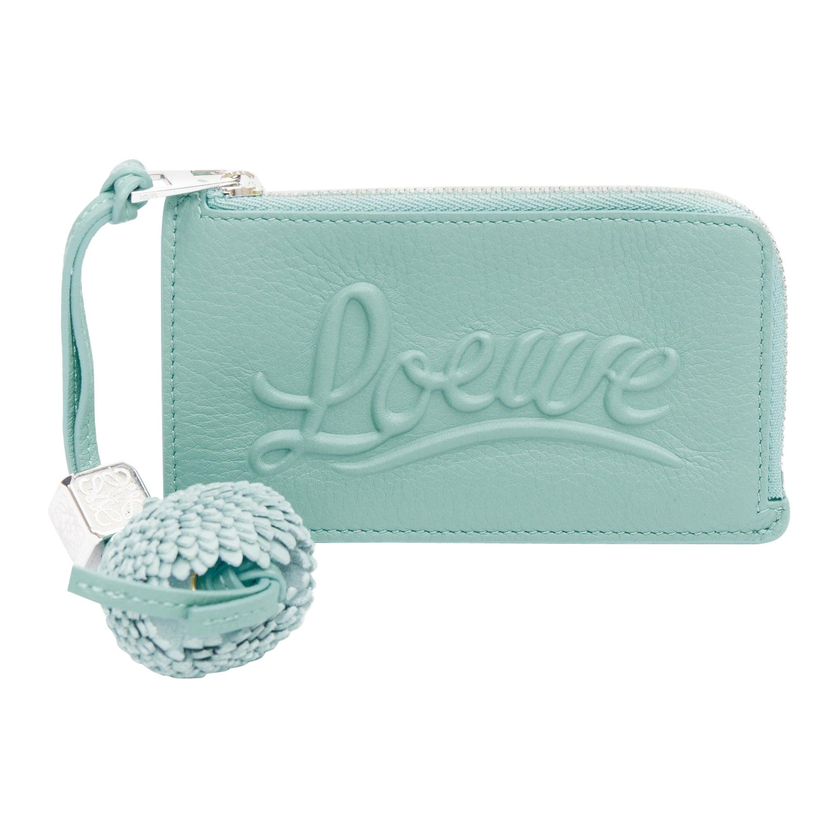 LOEWE teal blue leather hippo anagram pine charm logo zip holder For Sale