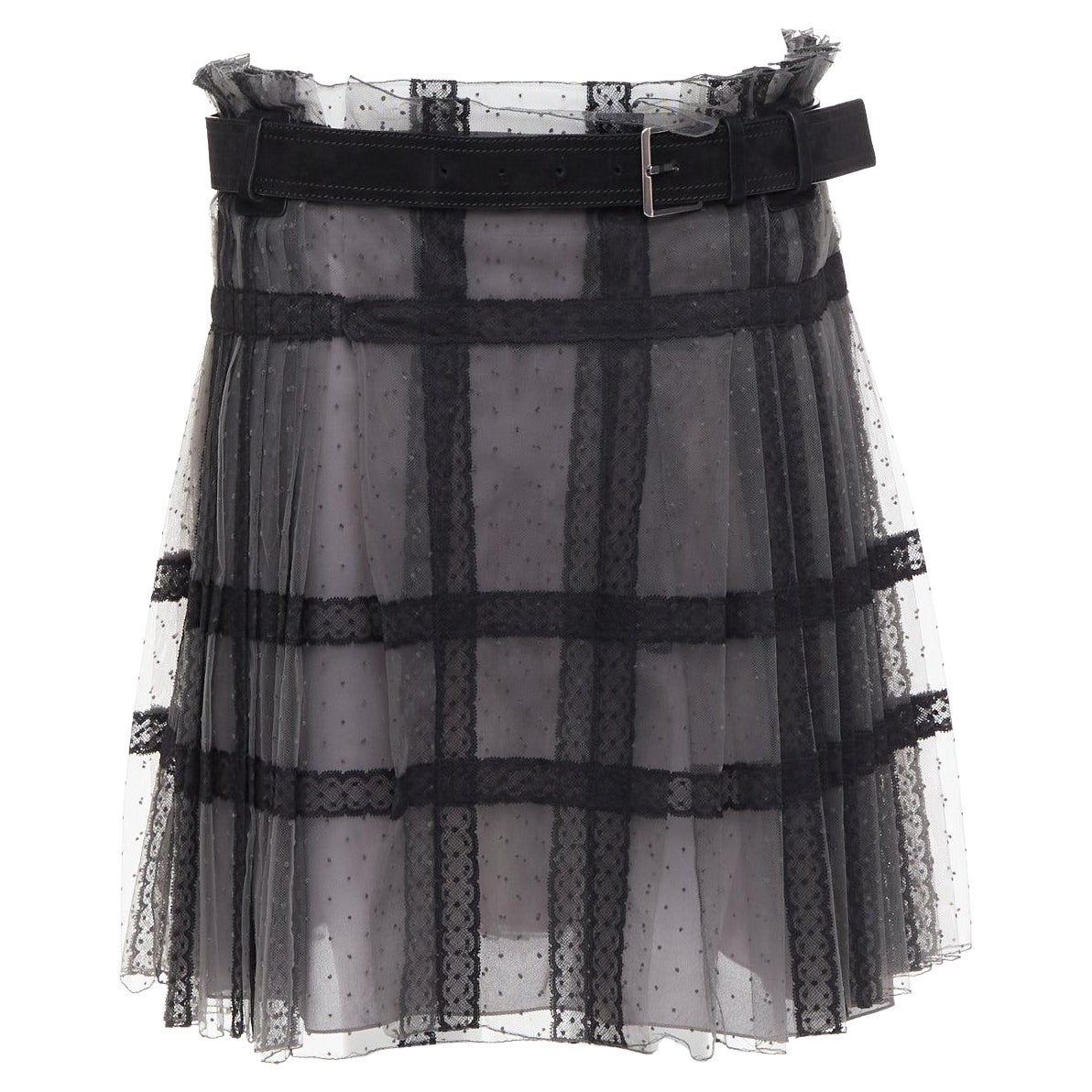 CHRISTIAN DIOR grey black lace Plumetis tulle suede belt wrap skirt For Sale