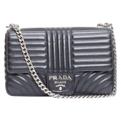 PRADA Diagramme black quilted silver logo crossbody flap shoulder bag