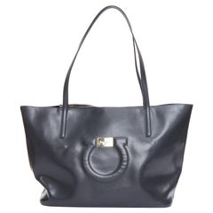 SALVATORE FERRAGAMO Gancini black logo gold metal plate shoulder tote bag