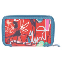 HERMES Soie Cool Azap red geometric print silk blue leather zip around wallet
