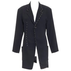 YOHJI YAMAMOTO black wool blend handstitched detail long blazer coat S